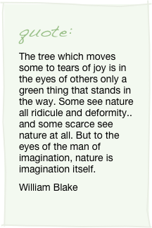 quote:
The tree which moves some to tears of joy is in the eyes of others only a green thing that stands in the way. Some see nature all ridicule and deformity.. and some scarce see nature at all. But to the eyes of the man of imagination, nature is imagination itself.
William Blake

